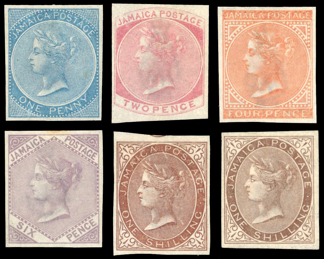 Jamaica 1860-70 1d, 2d, 4d, 6d, 1s imperforate imprimaturs SG 1/6b var