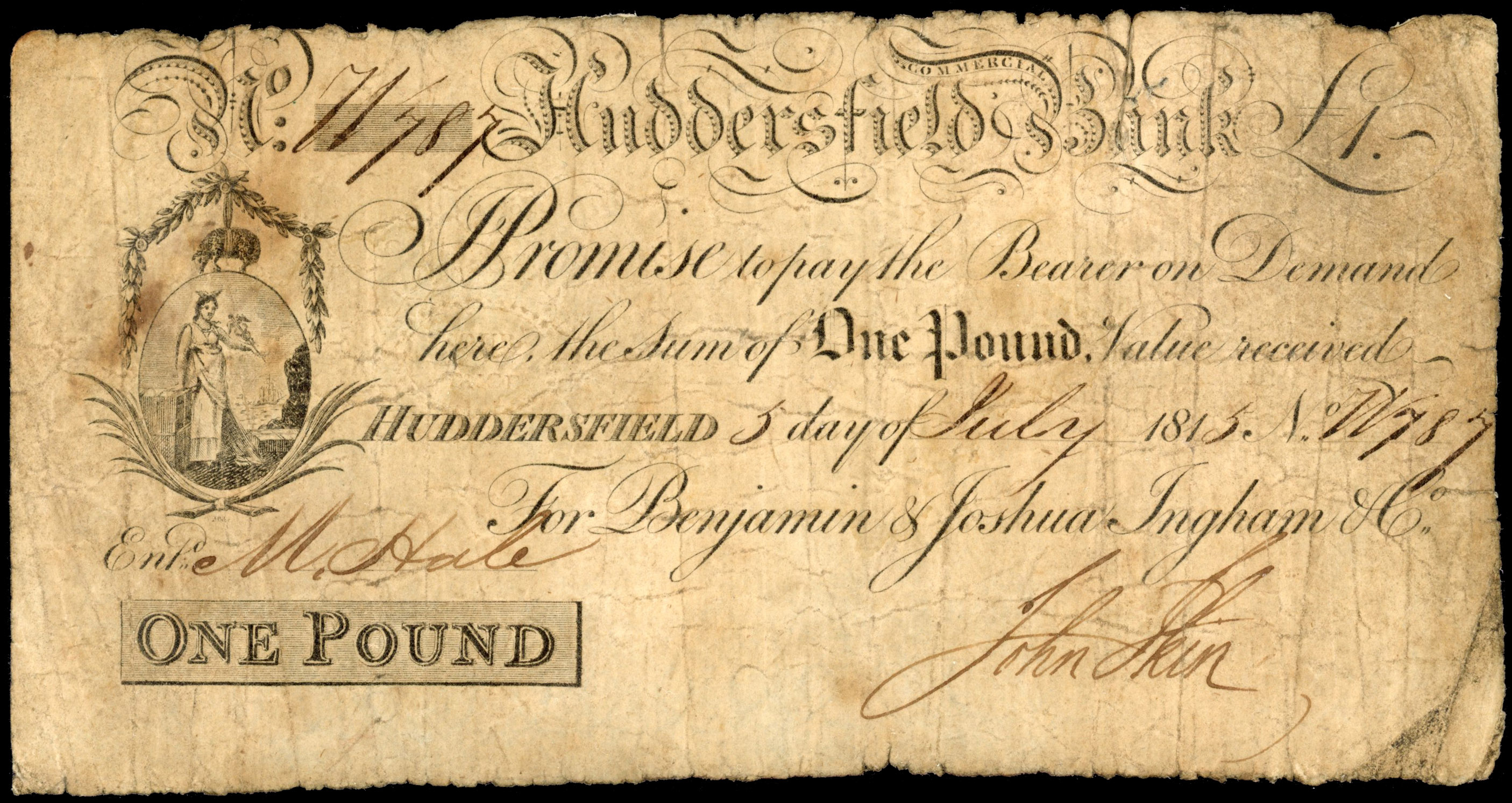 HUDDERSFIELD, Huddersfield Bank, for Benjamin & Joshua Ingham & Co, £1.,5 July 1815, serial number W787, John …