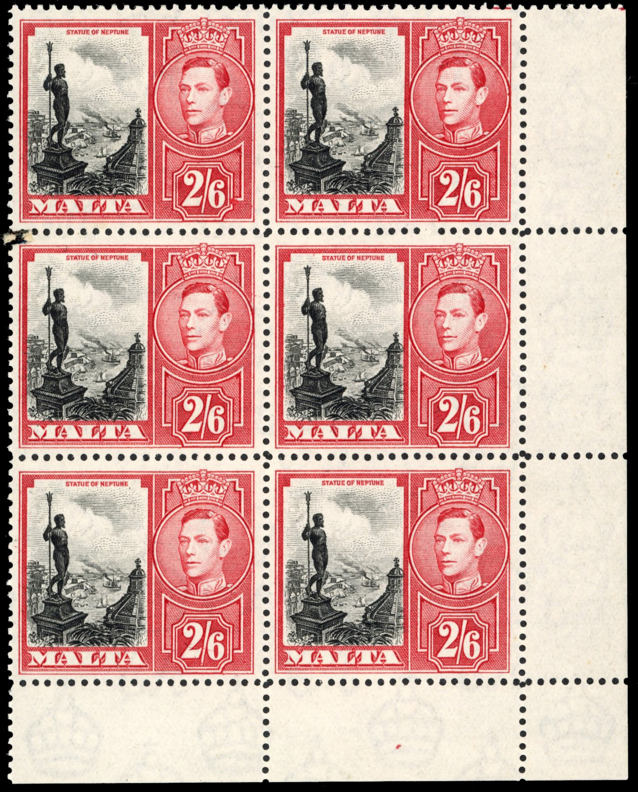 Malta SG 229a 1938-43 2/6d damaged value tablet block mint