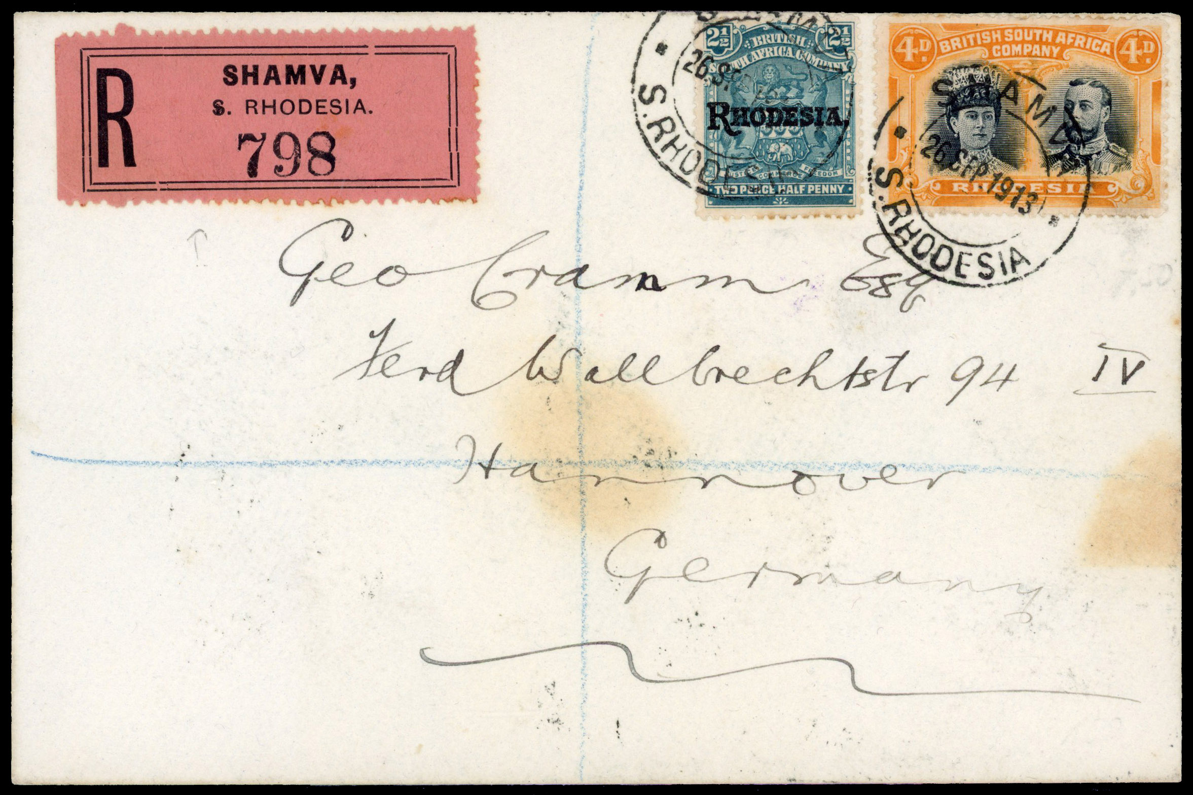 Rhodesia 1913 registered cover from Shamva to Germany