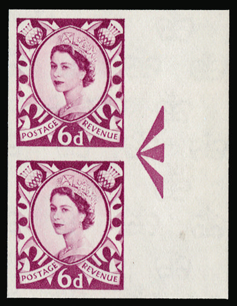 GB 1962 6d Deep Claret (Scotland, Whiter paper). Superb unmounted o.g right hand marginal vertical pair… SGS3var