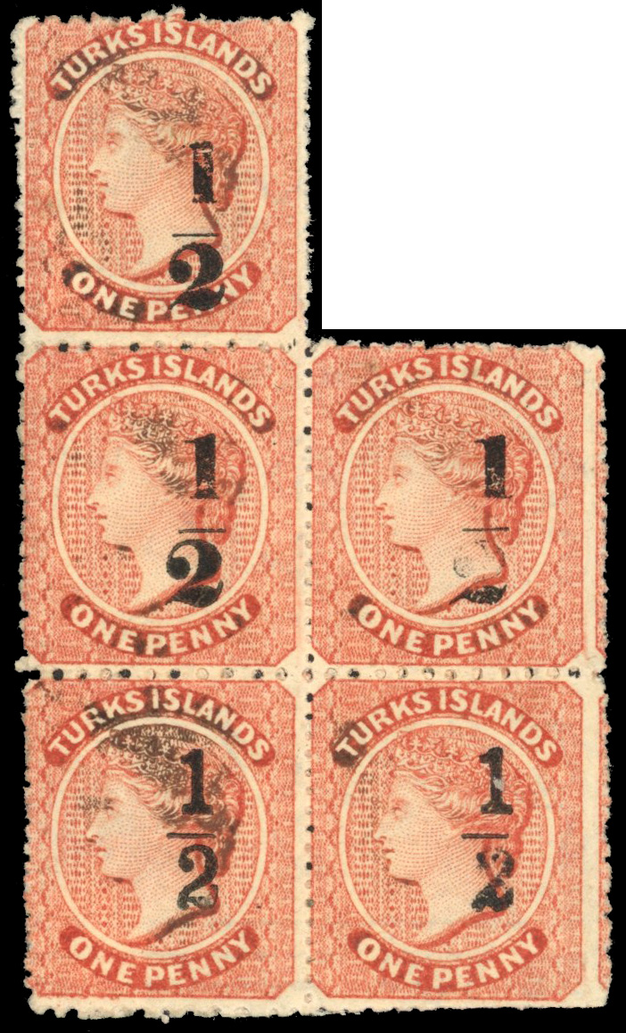 Turks Islands 1881 ½ on 1d block of five
