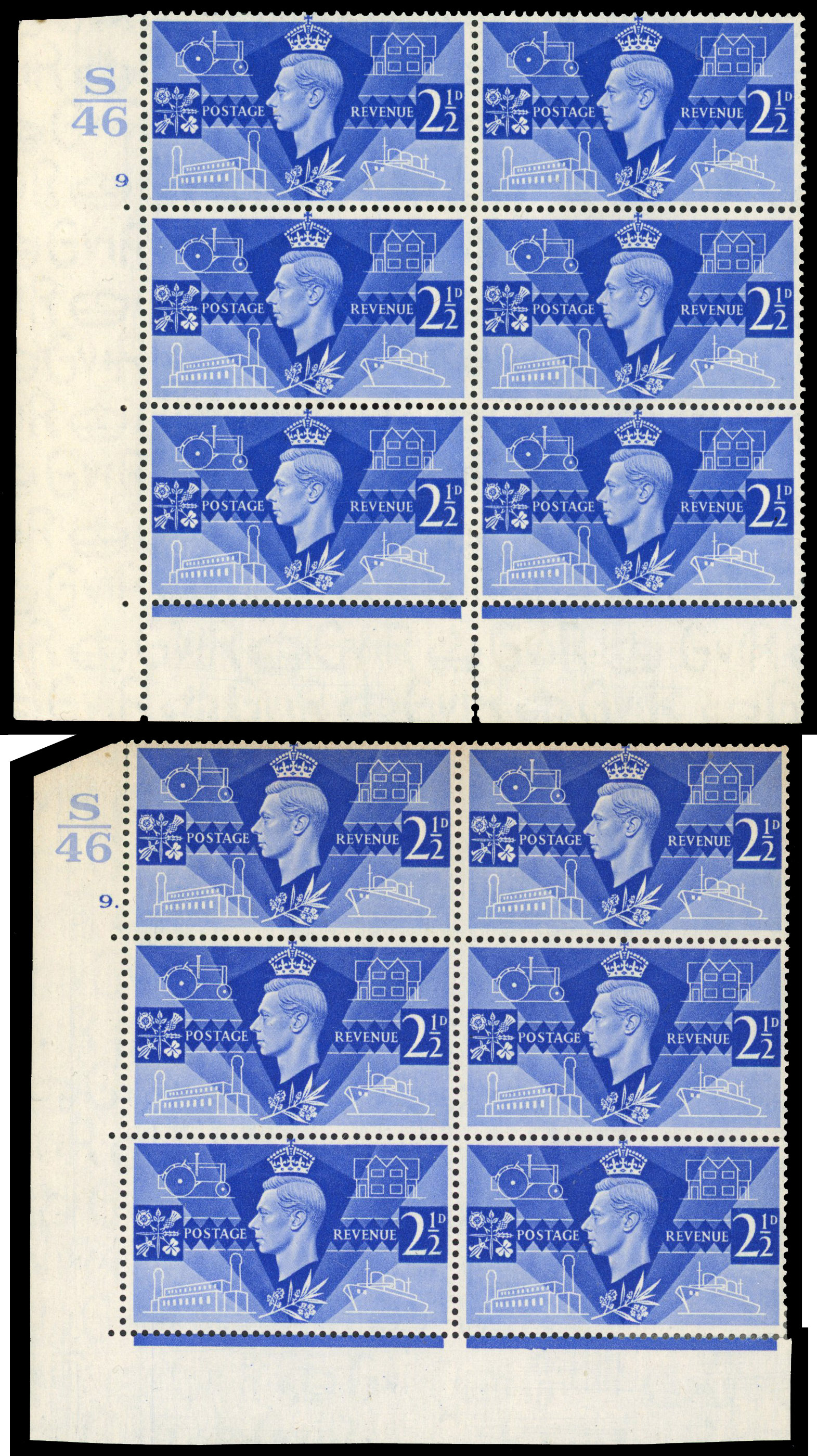 GB SG 491 1946 Victory 2½d Cylinder blocks mint
