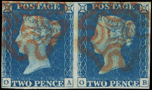 1840 2d blue plate 1, horizontal pair...
