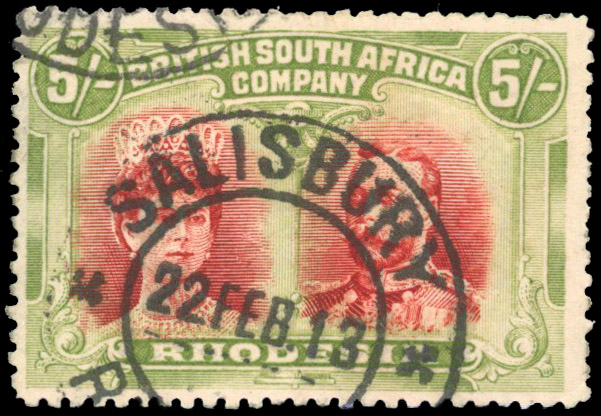 Rhodesia 1910-13 5s crimson and yellow-green perf 14 used