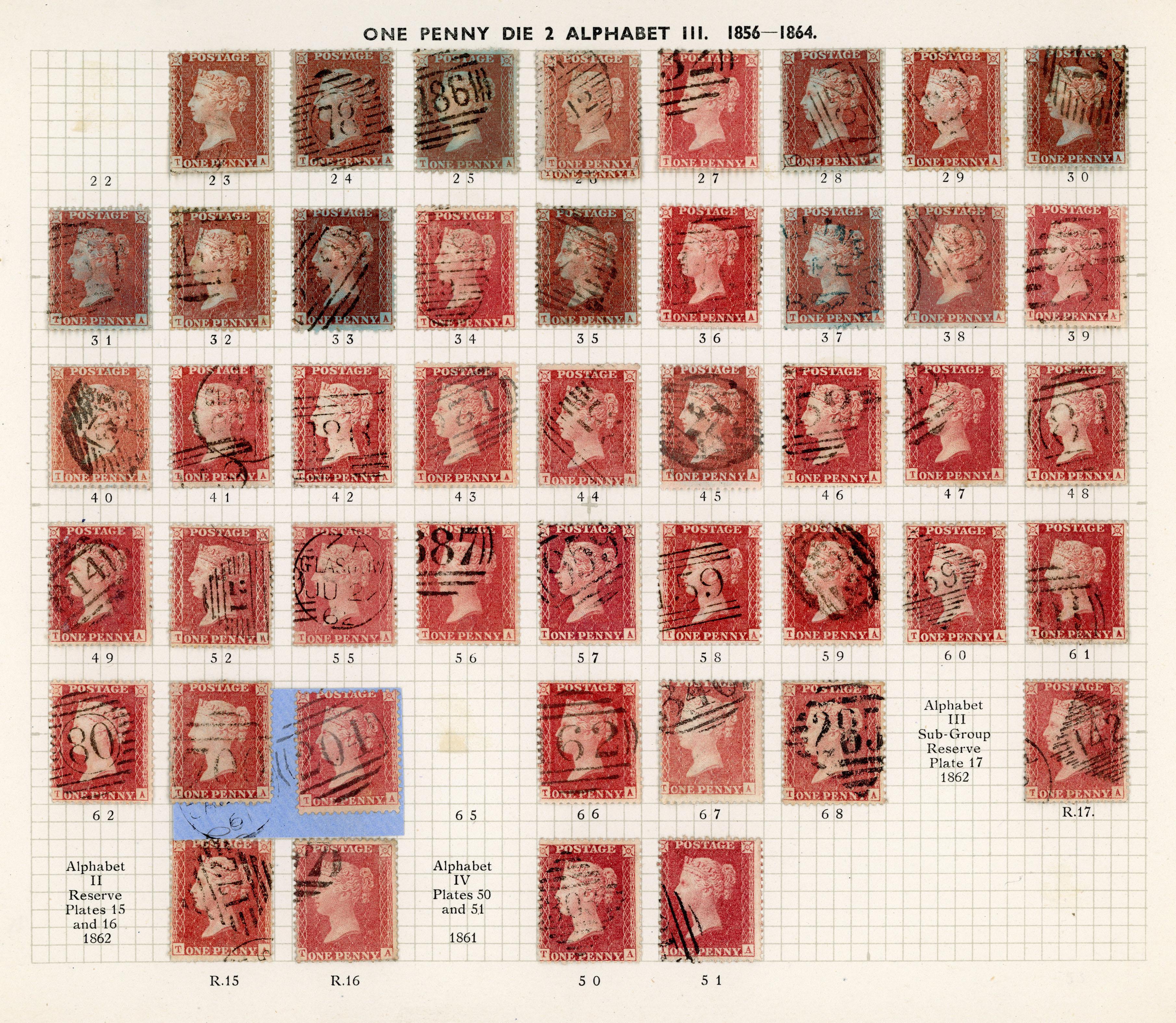 GB 1856-64 1d reds from Plates 22 - R17, the T Row