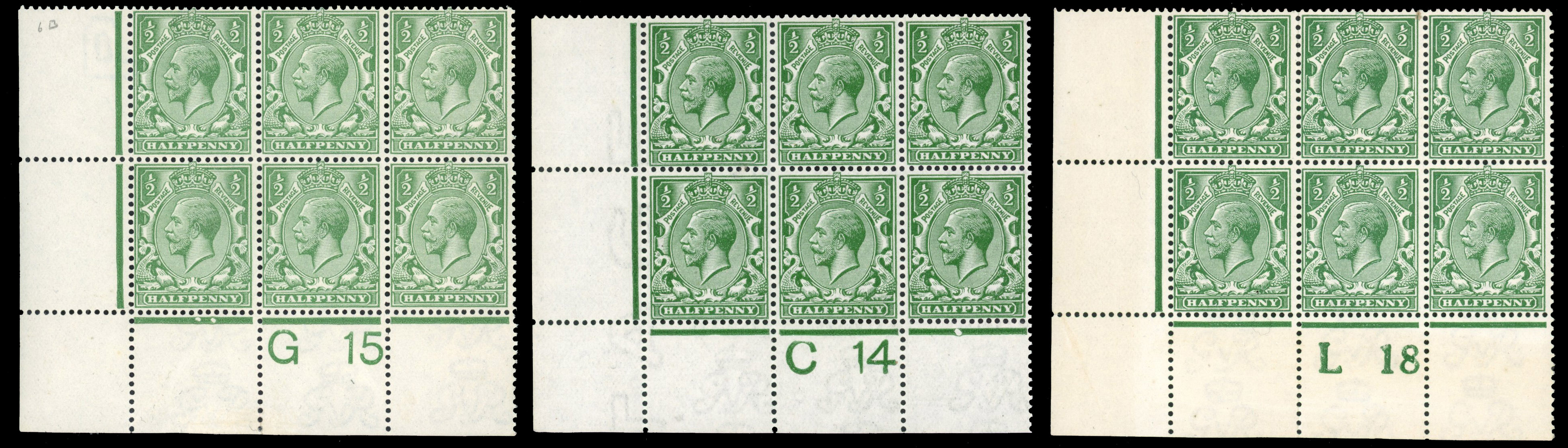 GB 1912-24 Royal Cypher ½d blue-green control blocks mint