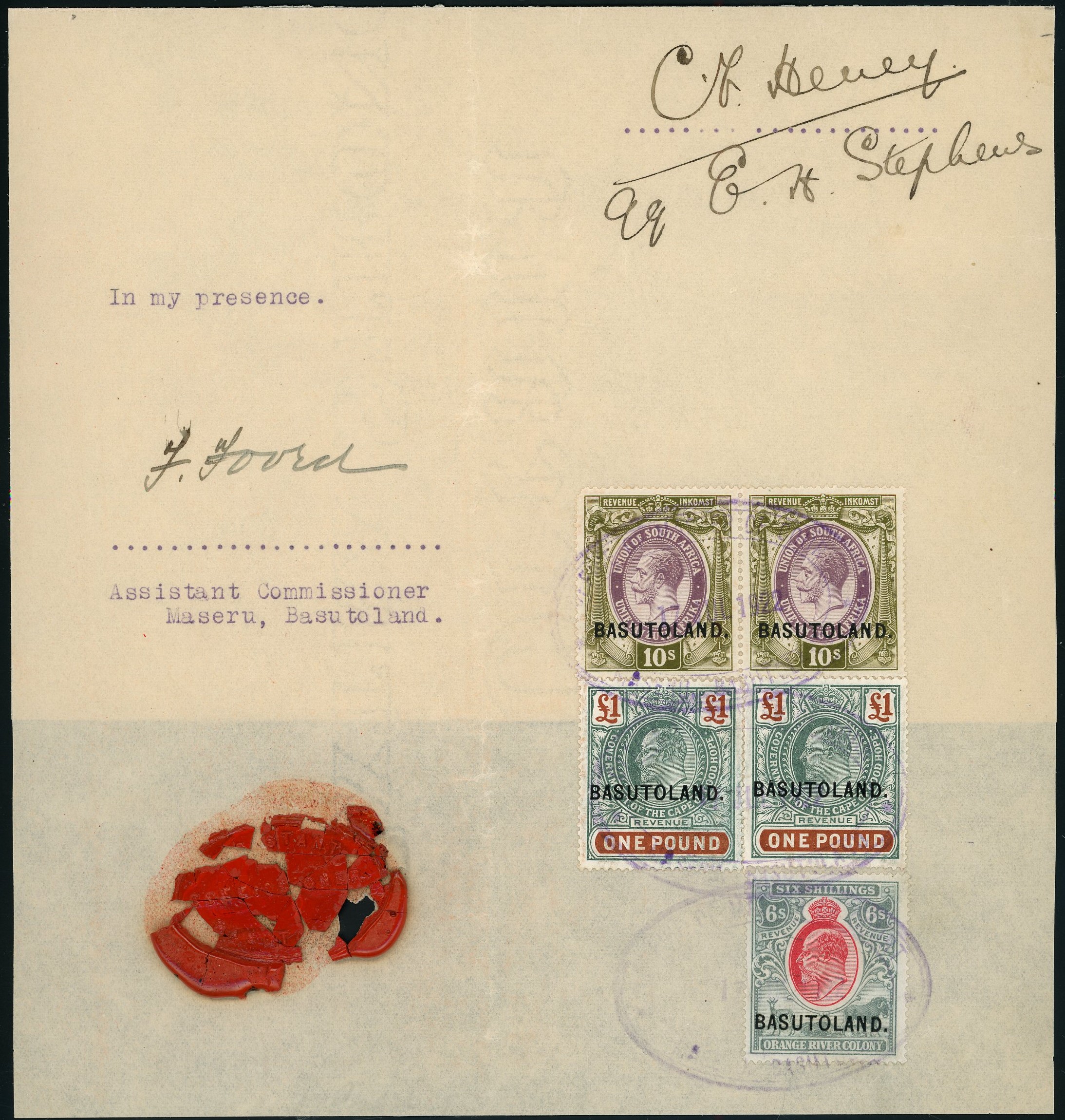 Basutoland c. 1922 (15 Jul) Page from a Mortgage bond (180 x 310mm) 