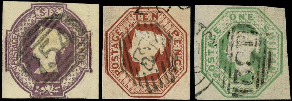 1847-54 6d purple, 10d brown & 1s pale green embossed.