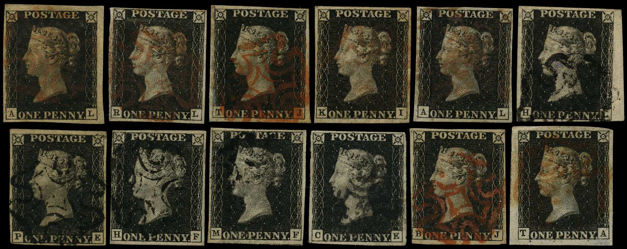 1840 1d black Plate 8 group, up to four...