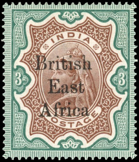 British East Africa SG 62b 1895 overprints on India 3r double, one albino mint