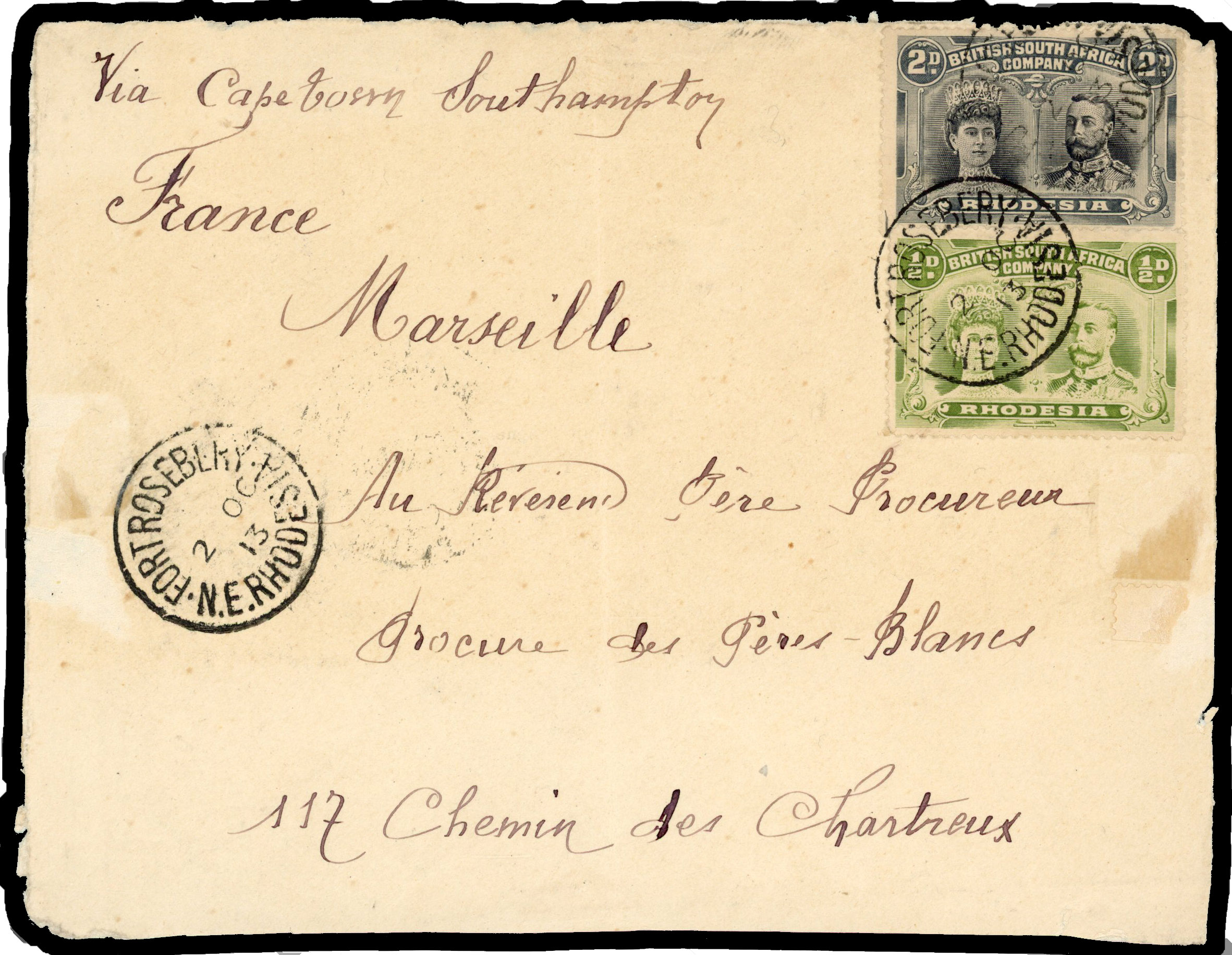 Rhodesia 1913 cover front from Fort Roseberry to France