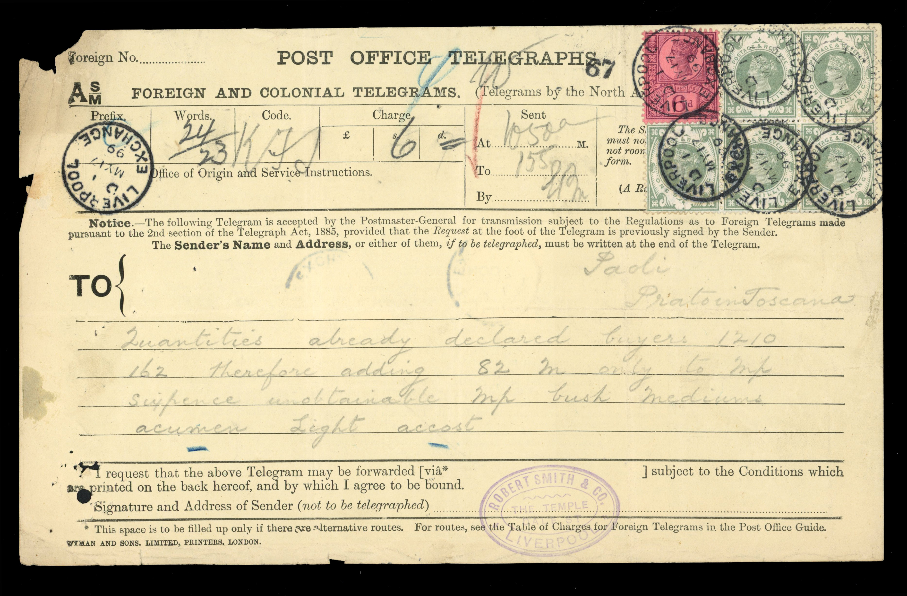 GB TELEGRAPHS: 1899 form bearing 1887-1900 6d, 1s green (5), the reverse with 3d (2), all tied by Liverpool cds
