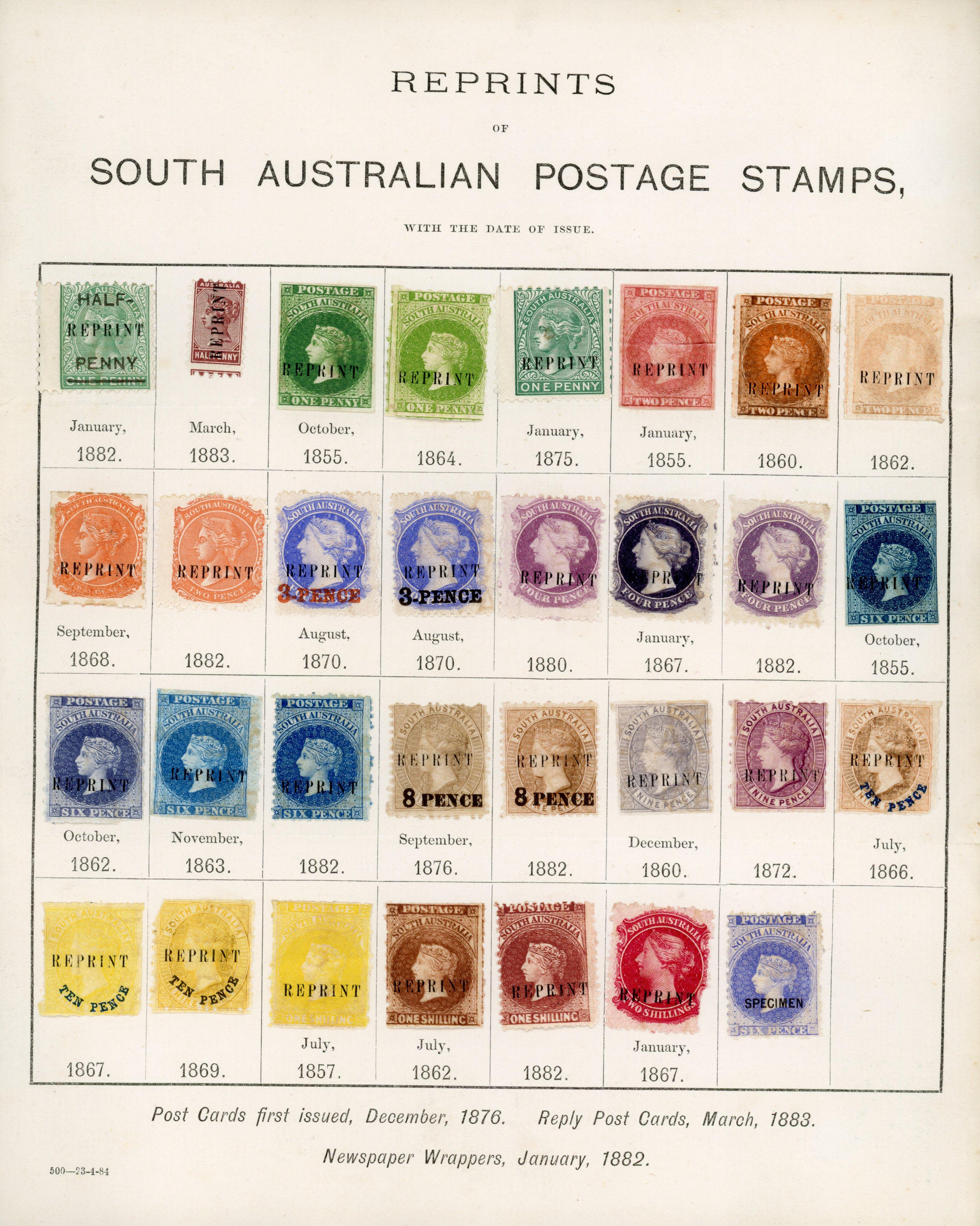 South Australia 'Reprints of South Australia Postage Stamps' printed page 30 stamps