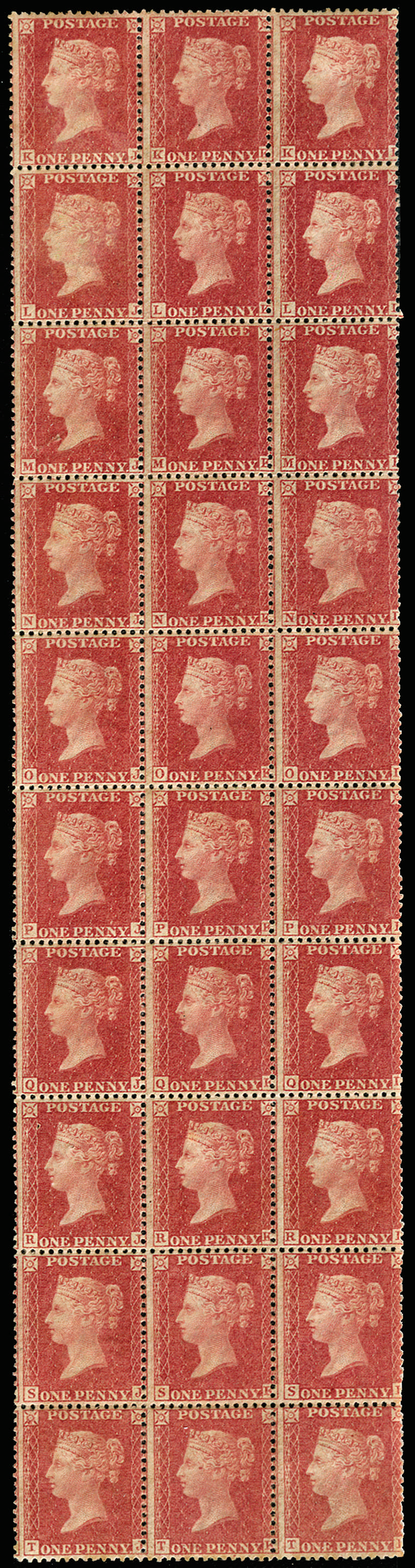 GB 1861 1d rose-red Pl. 51 (Alphabet IV) block of 30, SG 42