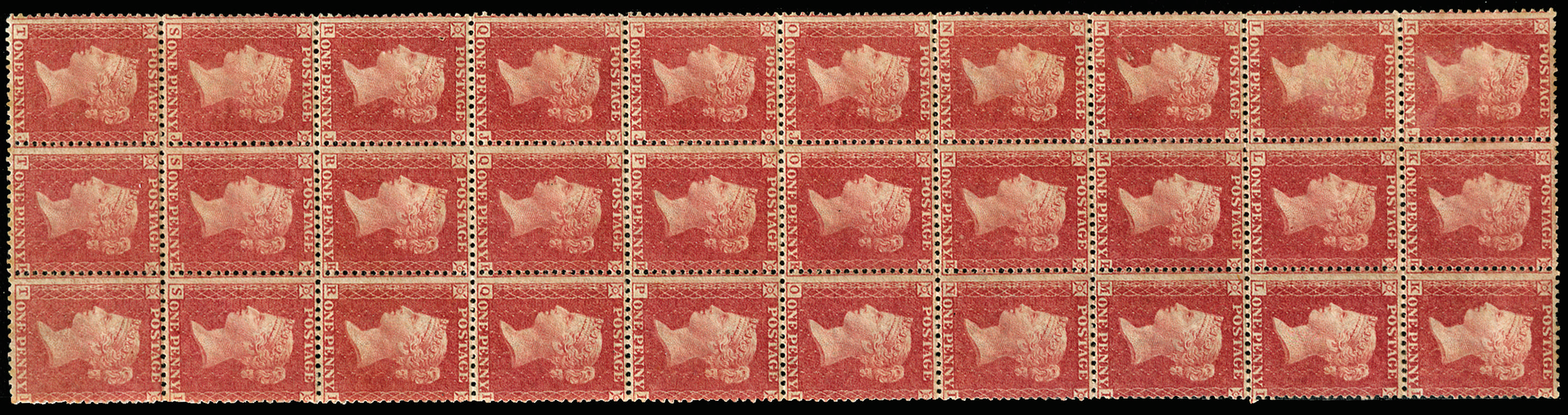 Great Britain 1861 1d Rose red Pl.51 (Alphabet IV). Very fine and fresh unused o.g. block of thirty lettered KJ-TI…