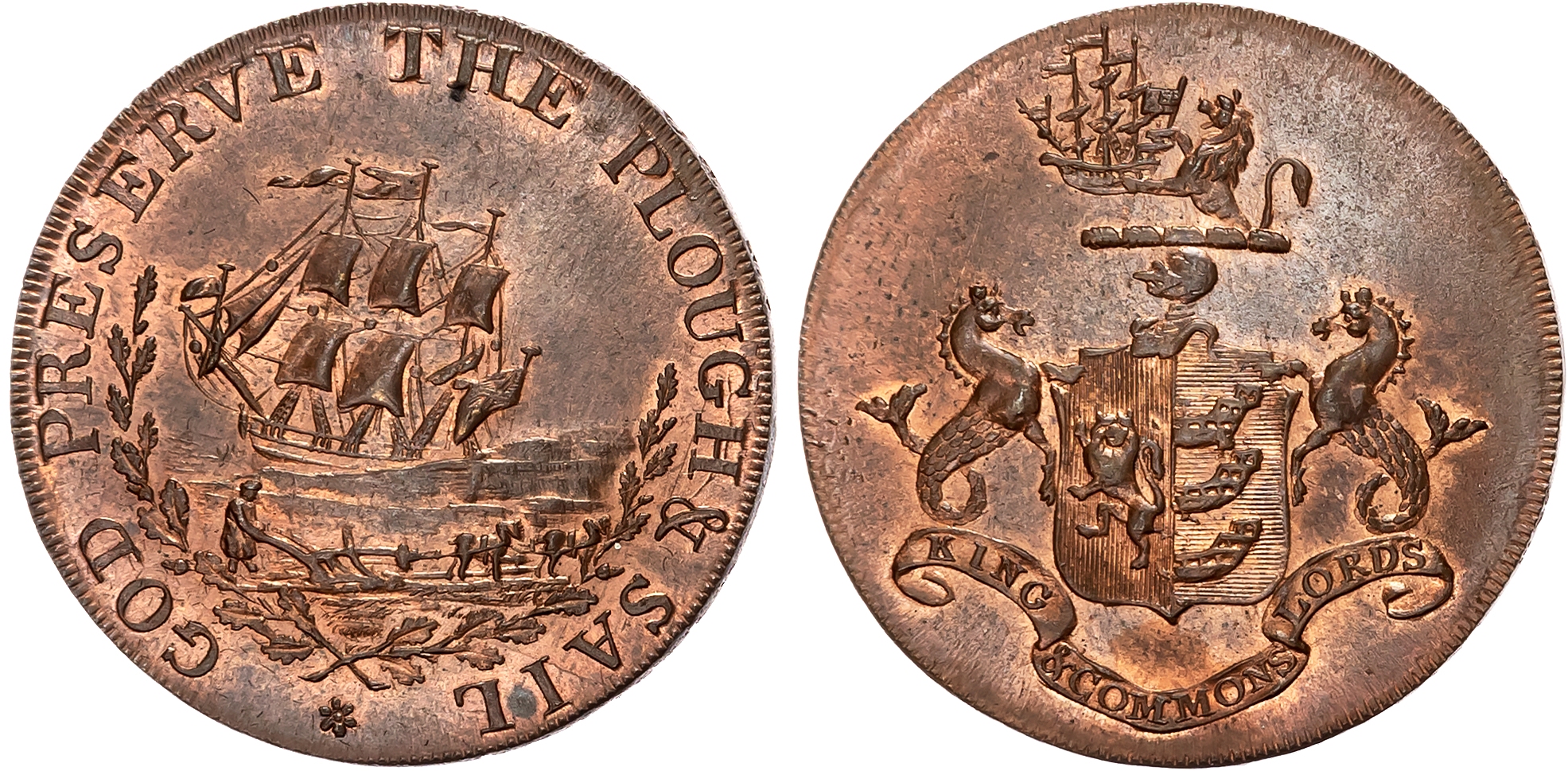 Suff. Ipswich , Robert Mannings (chandler and spirits dealer) Halfpenny undated, Arms of the city, rev. sailing ship and …