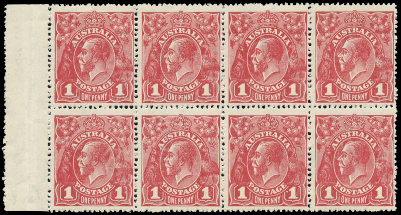 1918-20 KGV 1d carmine, wmk 6a (multiple), Harrison...
