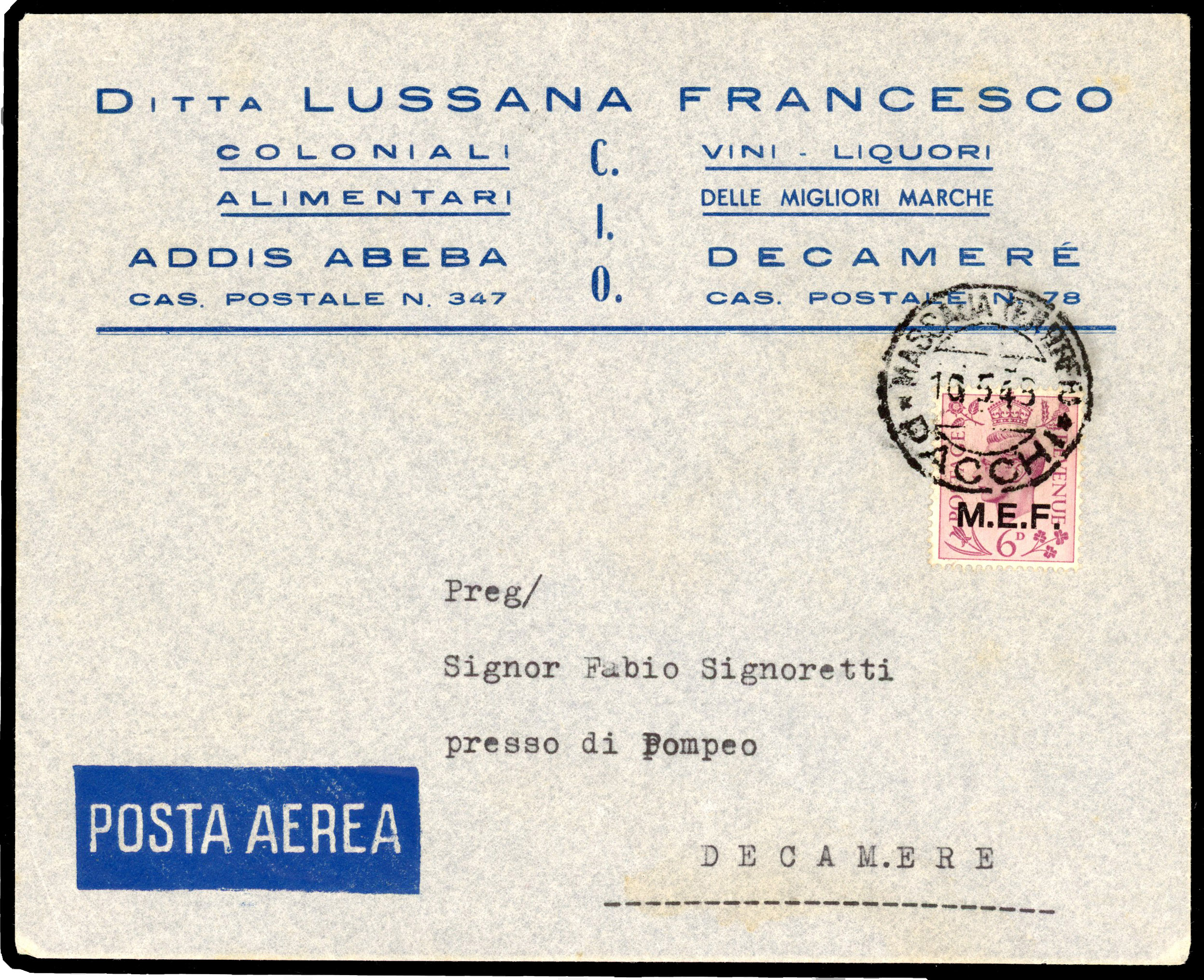 BOFIC MEF: 1948 local commercial cover franked 6d tied by the very scarce ‘MASSAWA ERITREA/PACCHI/10 5 43’ cds