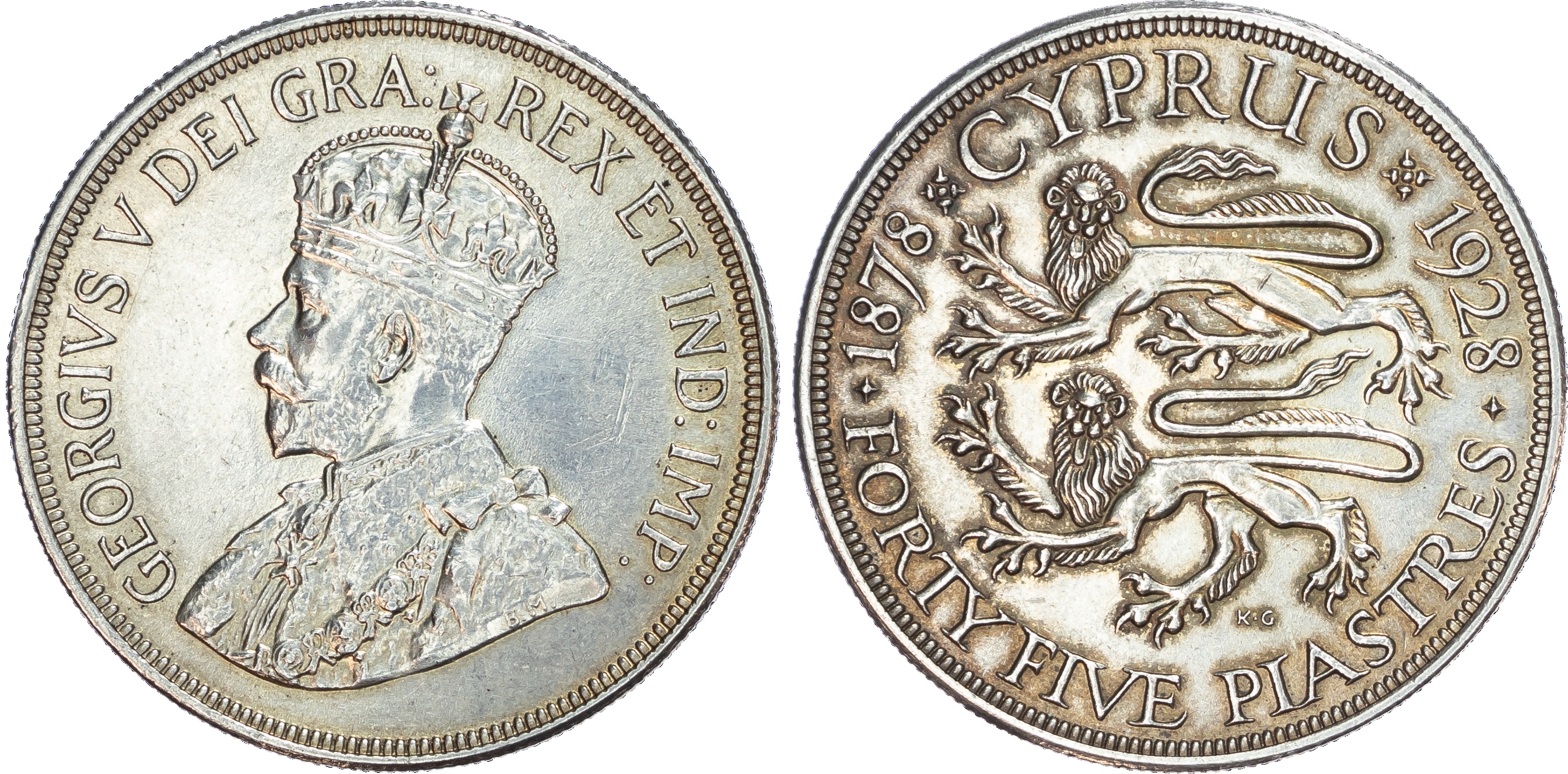 Cyprus, George V (1910‑1936), silver 45 Piastres, 1928.