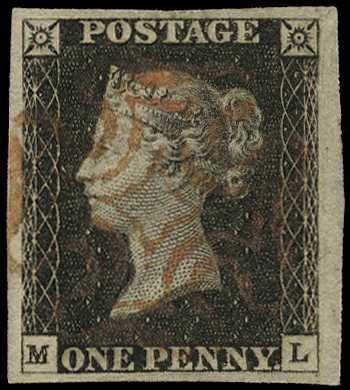 1840 1d black, Plate 3, (ML), four clear to...
