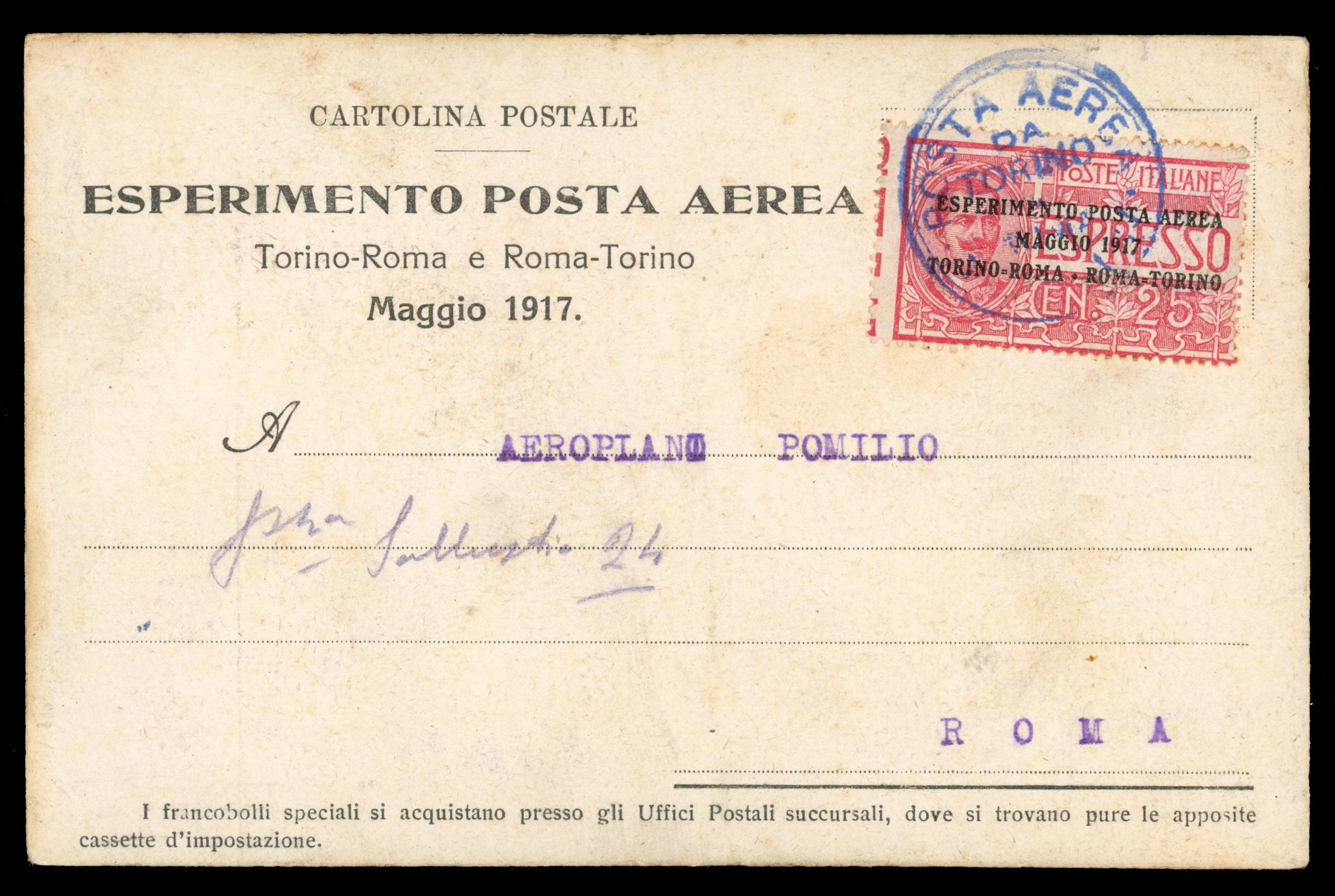 Italy 1917 Torino to Rome airmail card