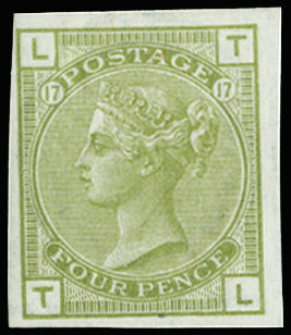 Great Britain 1877 4d Sage green Pl.17. Very fine and fresh unused o.g. imperforate imprimatur of this rare "abnor…