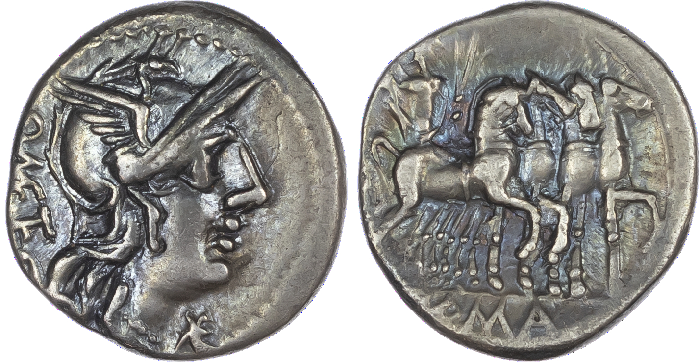 Q. Caecilius Metellus (130 BC) AR Denarius, Rome, 3.77g. Q•METE, helmeted head of Roma facing right, mark of value to right.