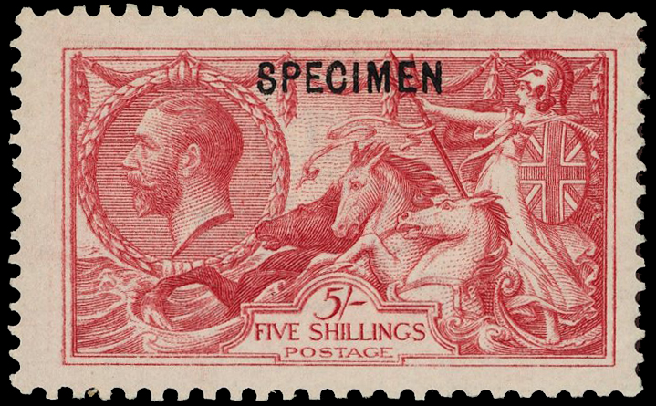 GB: 1915 5s bright carmine De la Rue ‘Seahorse’ overprinted “SPECIMEN” good colour, large part o.g. SG 409
