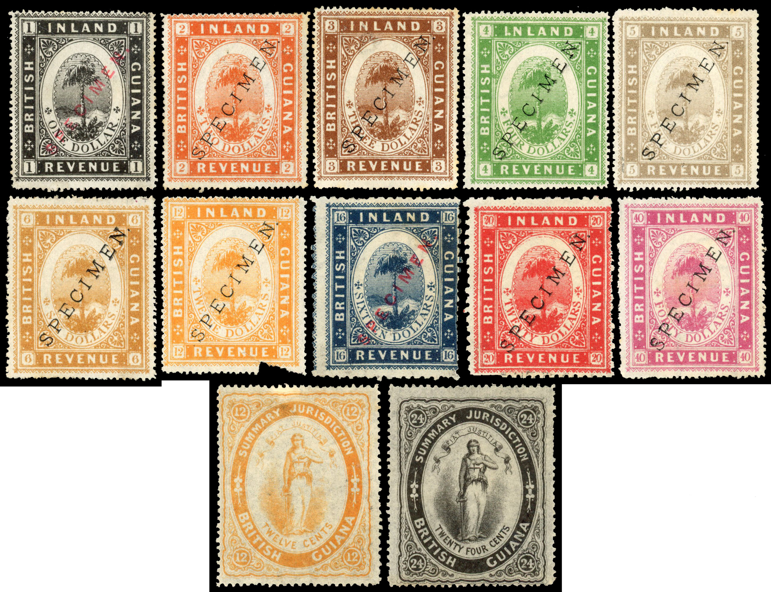 British Guiana 1869-78 Inland Revenue Specimen Stamps x12
