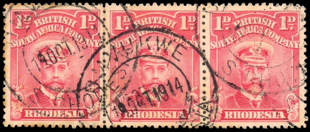 Rhodesia postmarks Umvukwe on 1d Admiral strip