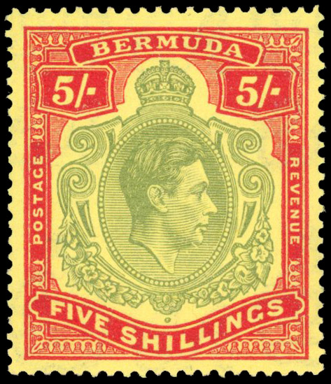 BERMUDA: 1943 5s. pale bluish green and carmine-red on pale yellow, R2/5 ‘gash in chin’ variety, with RPS certificate
