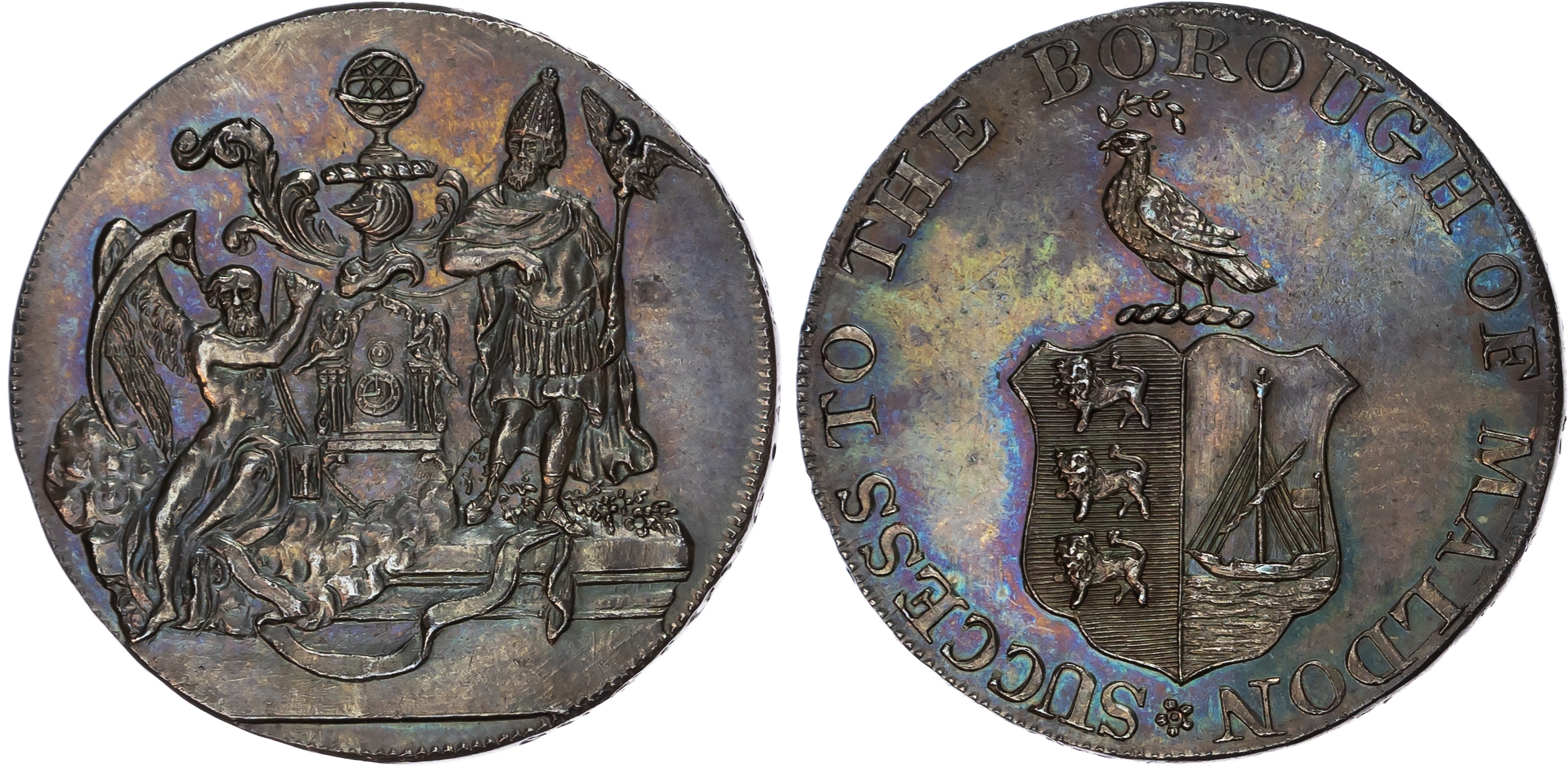Essex. Maldon , William Draper (Watchmaker) Halfpenny undated, Town arms and crest, rev. arms of the Clock Mak…