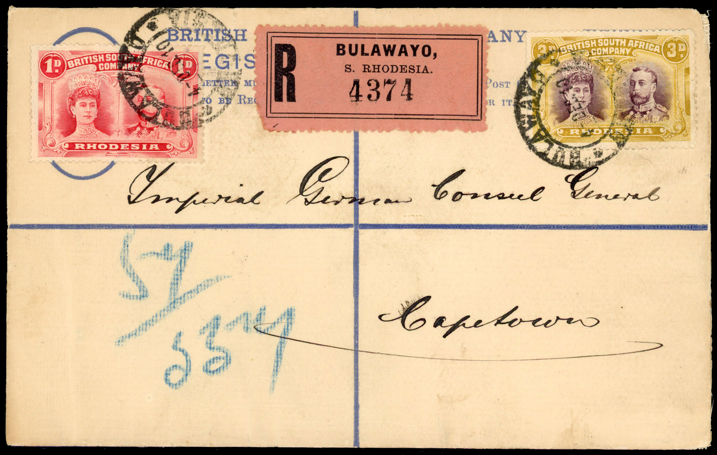 Rhodesia 1910 registered envelope uprated and used to Cape Town