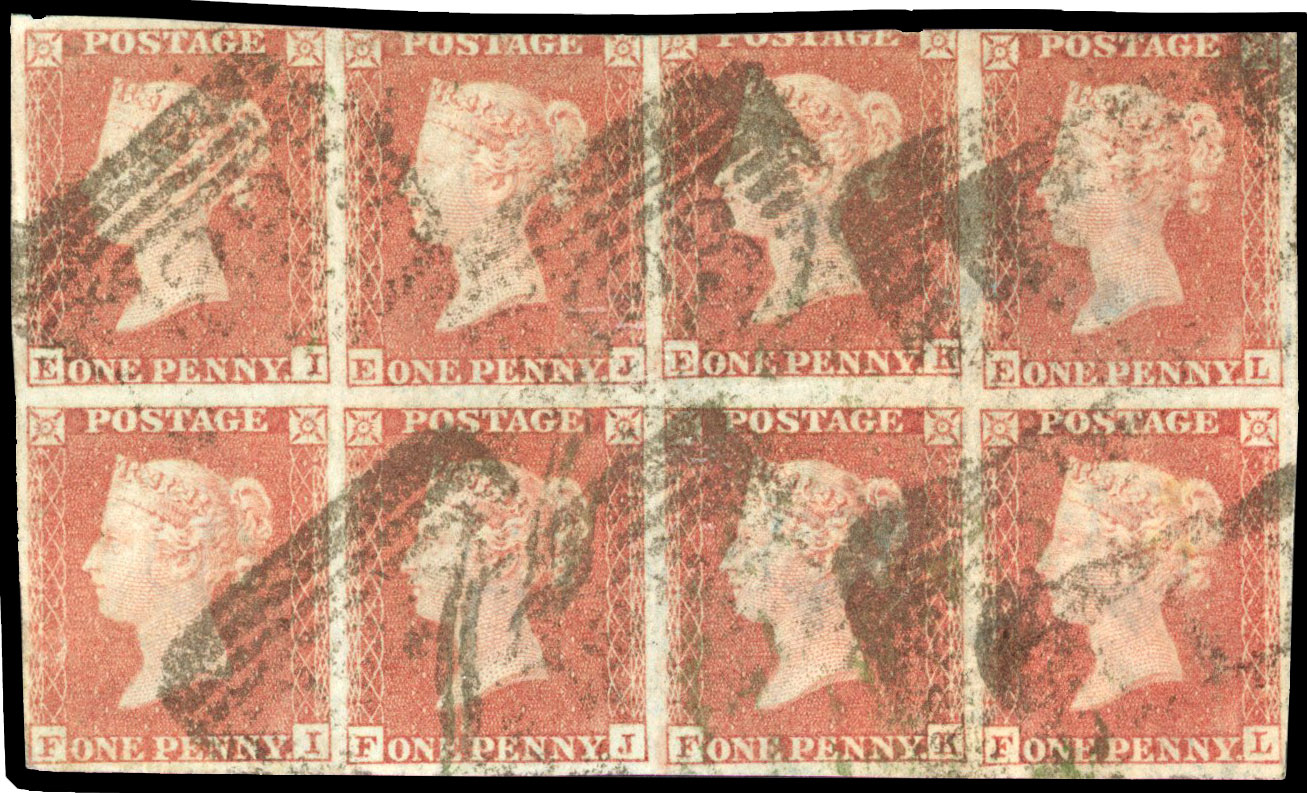 1841 1d Red-brown Pl.166. (Wmk. Inverted, Alphabet II). Used block of eight