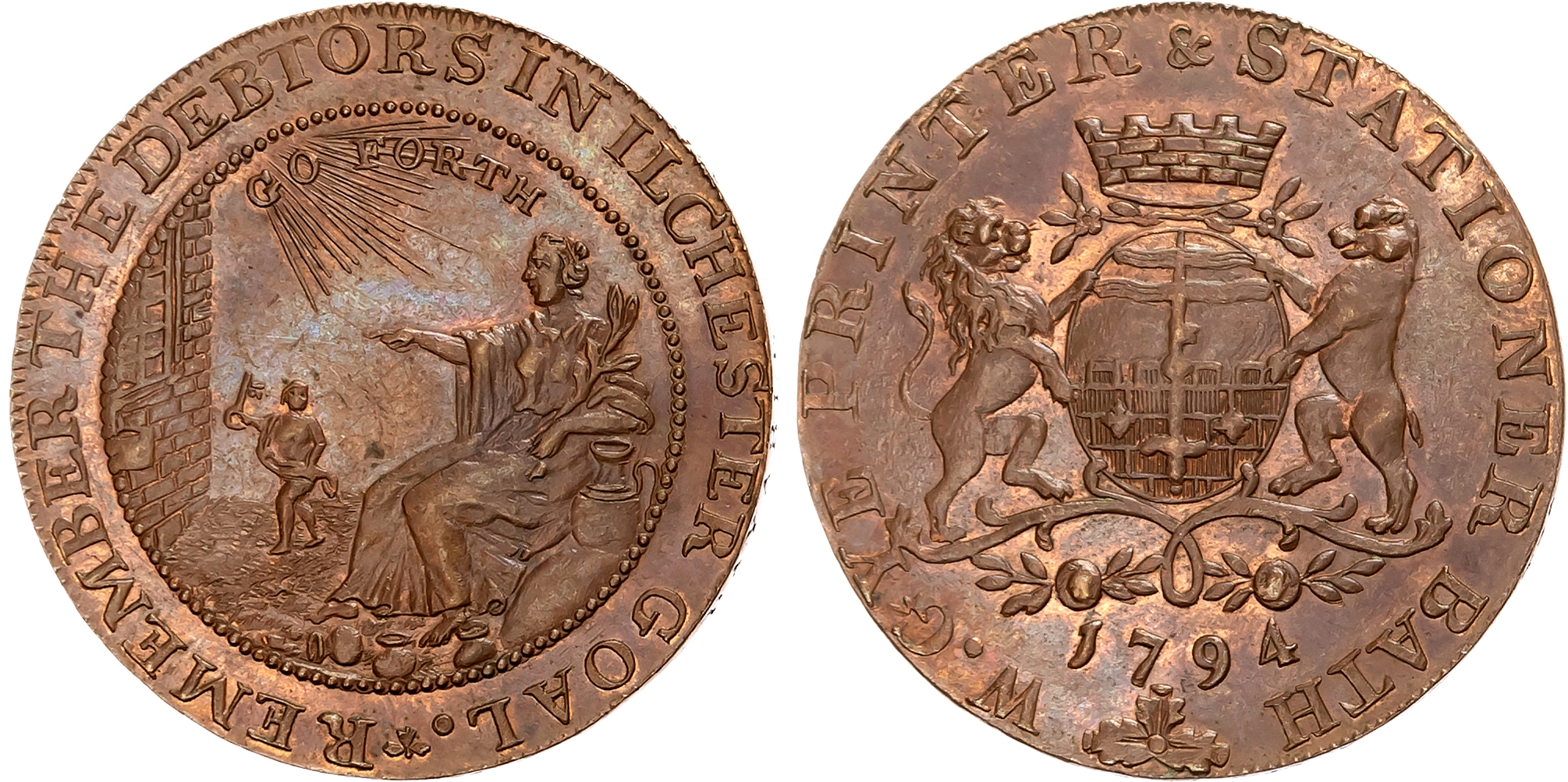 Som . Bath , William Gye (bookseller, printer and stationer) Halfpenny 1794, Arms of Bath, rev. Benevolence instructing  …