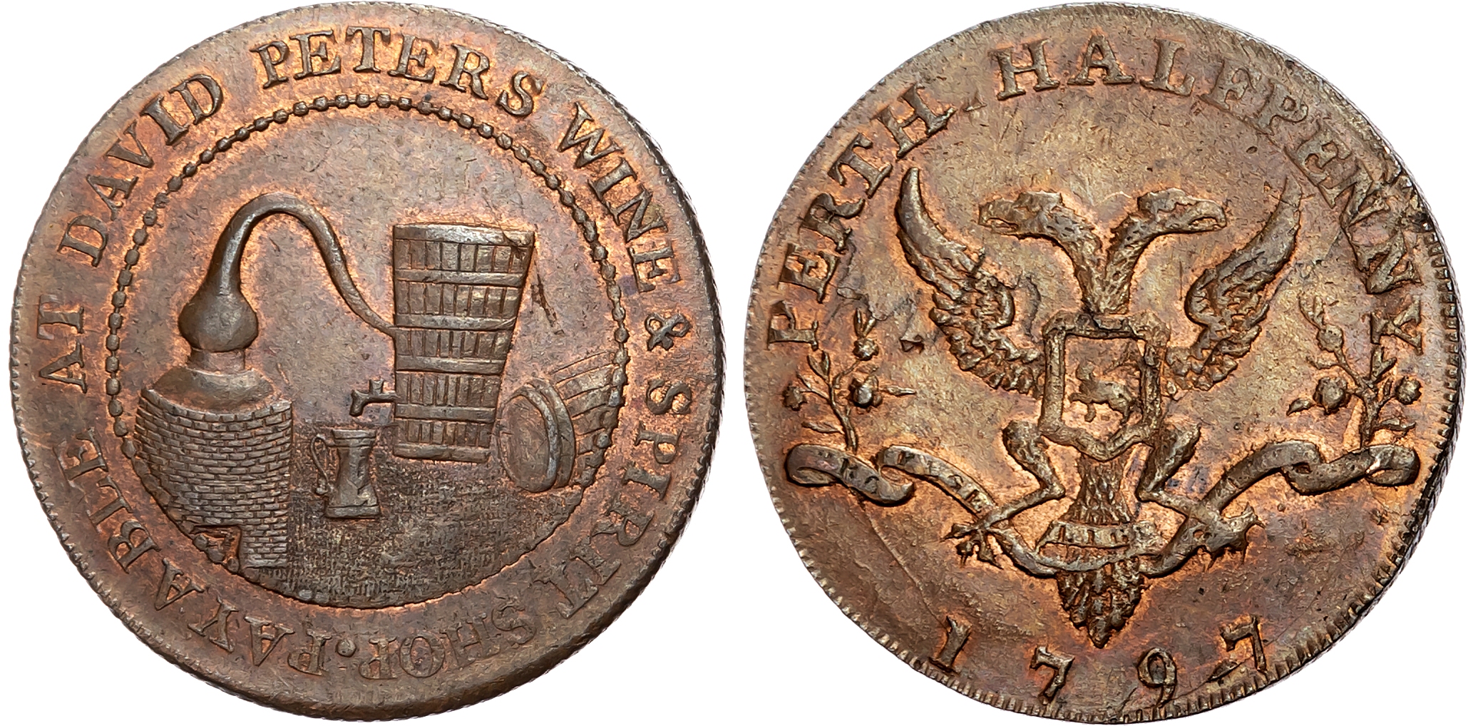 Perths . Perth, David Peter (wine and spirit dealer) Halfpenny 1797, Spirit still, tappit hen, tub and barrel, rev. Arms …
