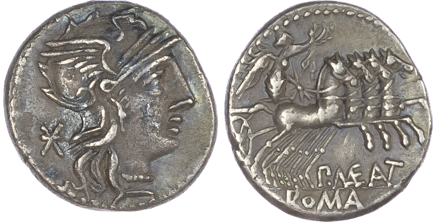 P. Maenius Antiacus M. f. (132 BC) AR Denarius, Rome, 3.79g. TAMPIL, helmeted head of Roma facing right, mark of value