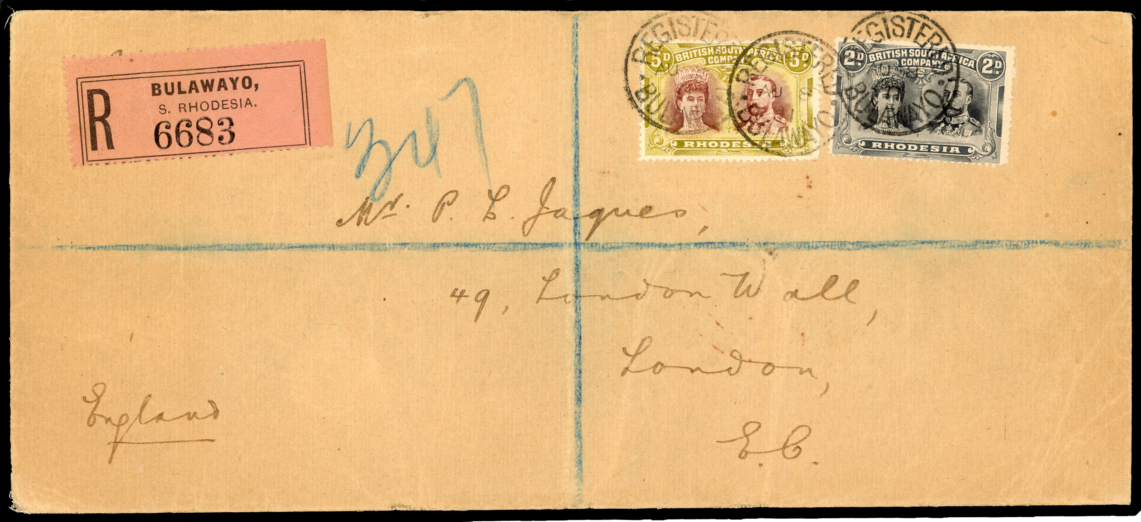 Rhodesia 1911 registered cover from Bulawayo to London