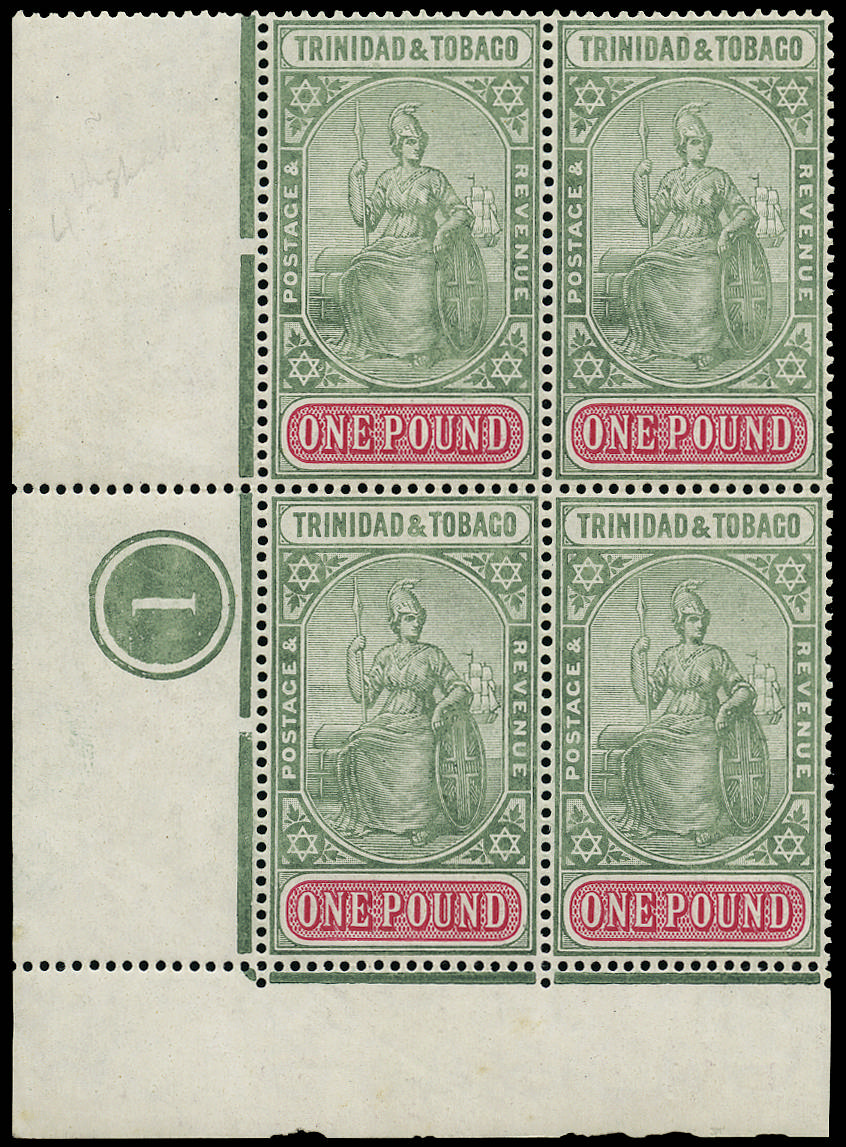 Trinidad & Tobago 1913 £1 grey-green and carmine Plate block of 4, SG 156 Mint