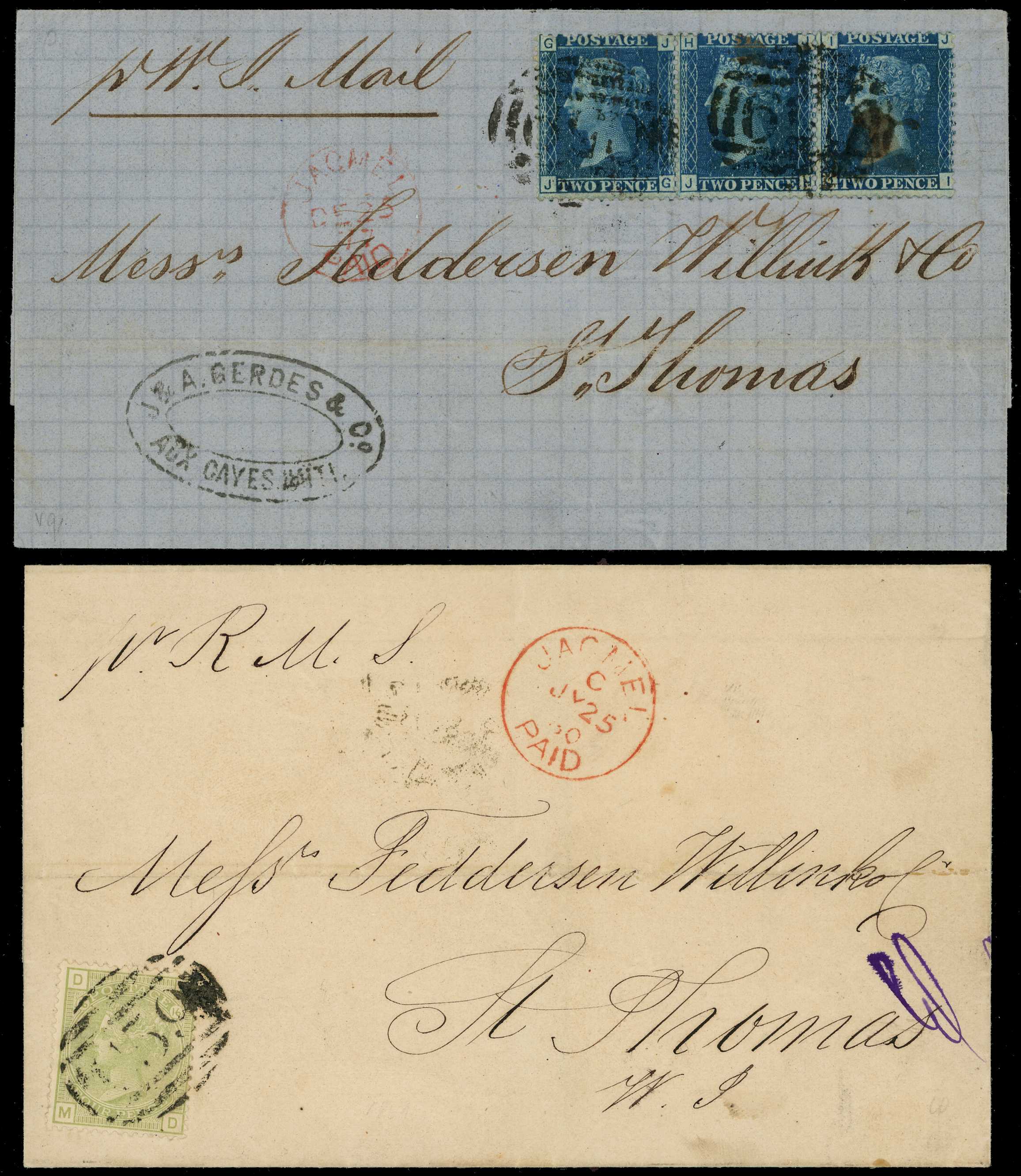 GB USED ABROAD: 1877-80 pair of covers with...