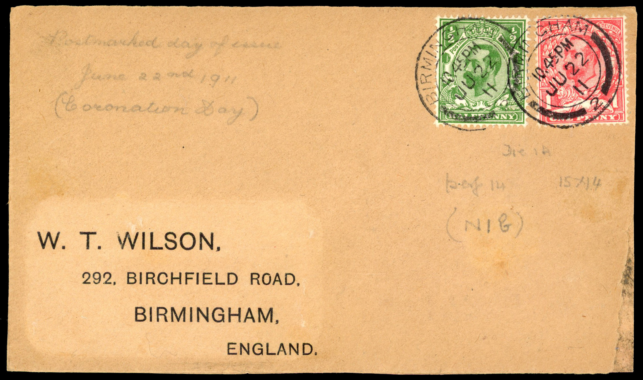 1911 ½d Green (Die A) & 1d Scarlet (Die A). Fine envelope sent locally within Birmingham, coronation first day issue