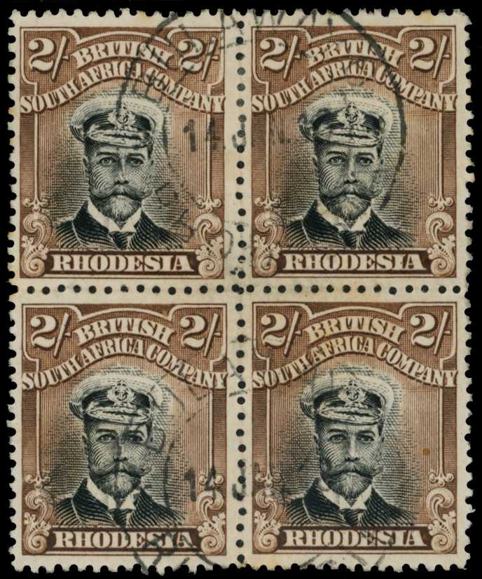 1913-7 2/- Head Die II, perf 14. Used block...