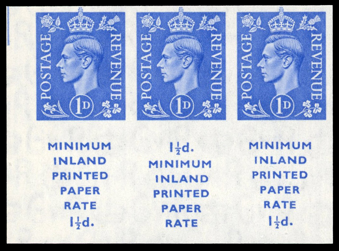 GB 1950-52 1d light ultramarine imprimatur booklet pane of three stamps and printed labels