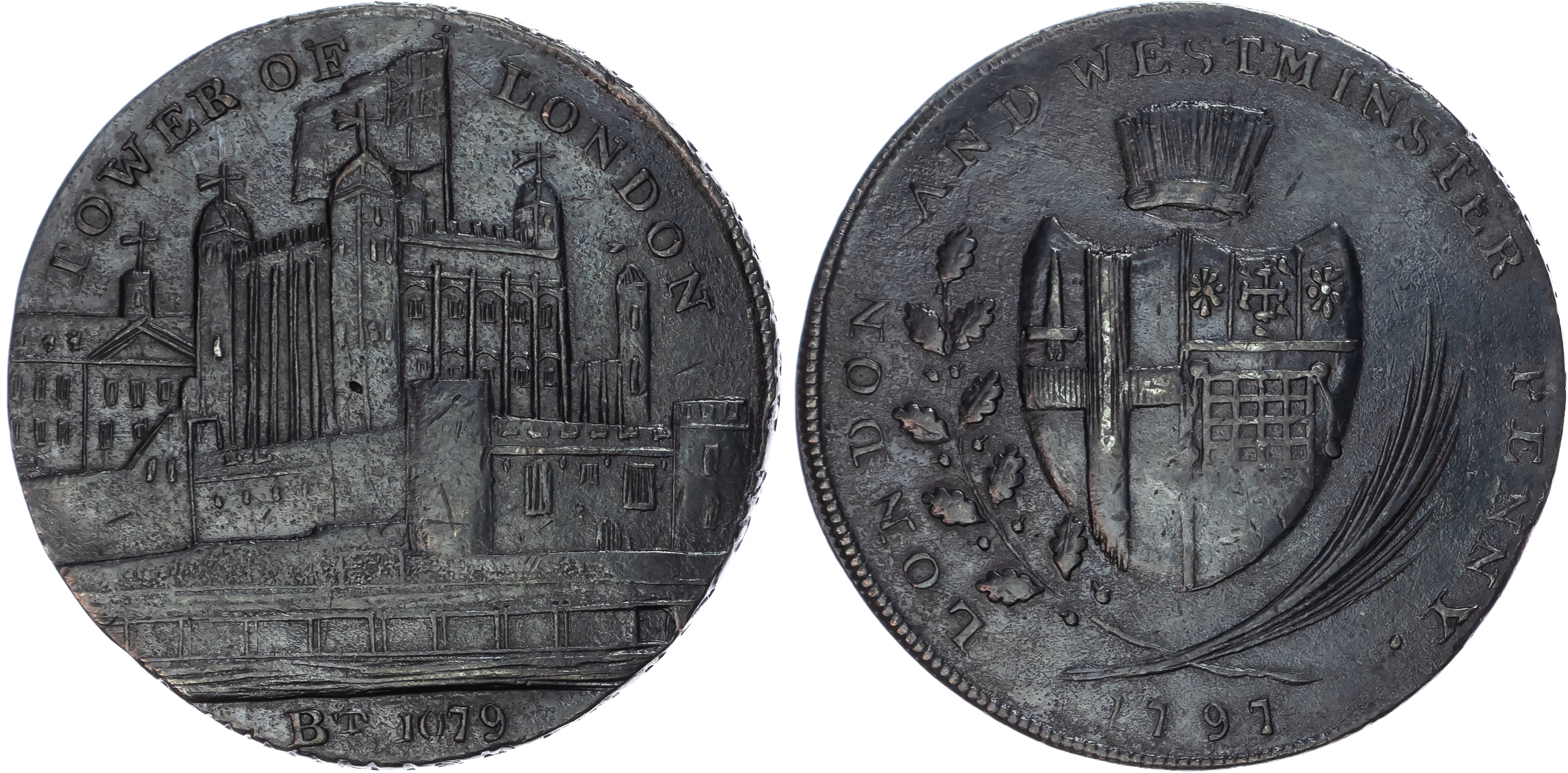 London , Prattent’s ‘London and Middlesex Series’ penny 1797, Tower of London, rev . London and Westminster Ar…