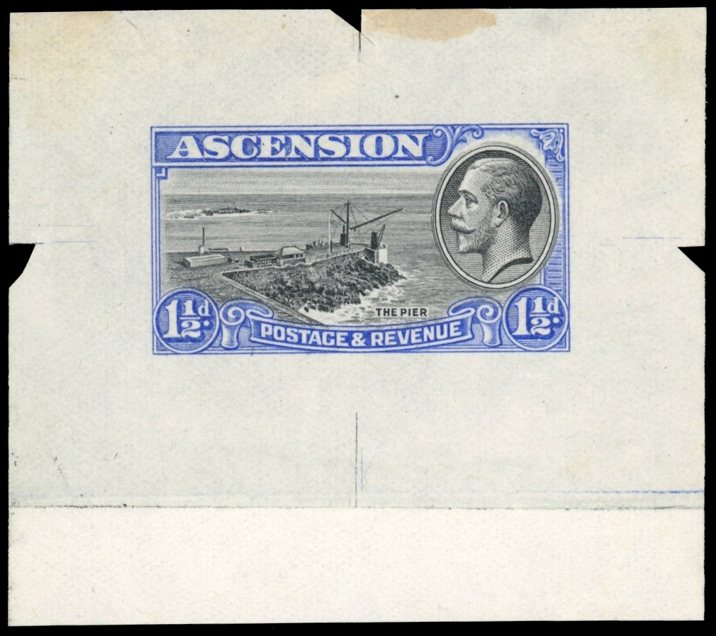 Ascension 1934 1½d die proof, printed in black and ultramarine, SG 23var