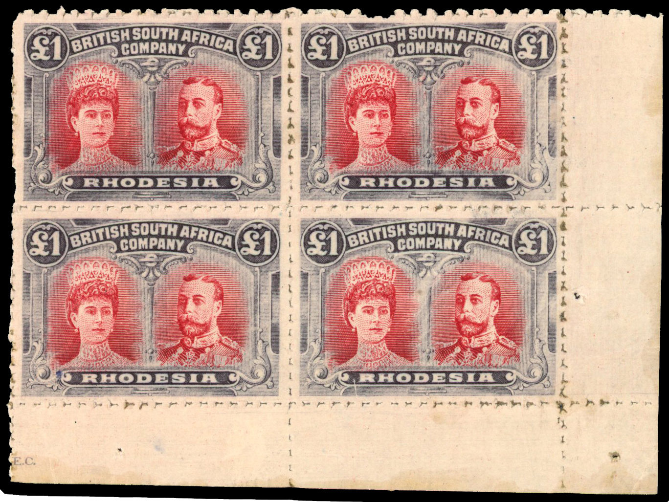 Rhodesia 1910-13 Clandestine roulettes £1 lower right corner block of 4