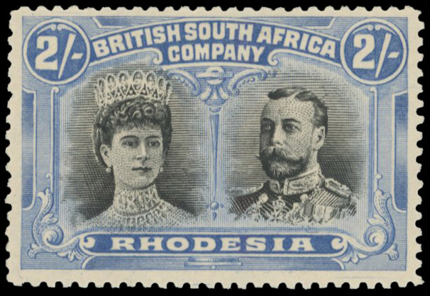 † 2/- black and ultramarine SG 153, position 44 King's wisp mint