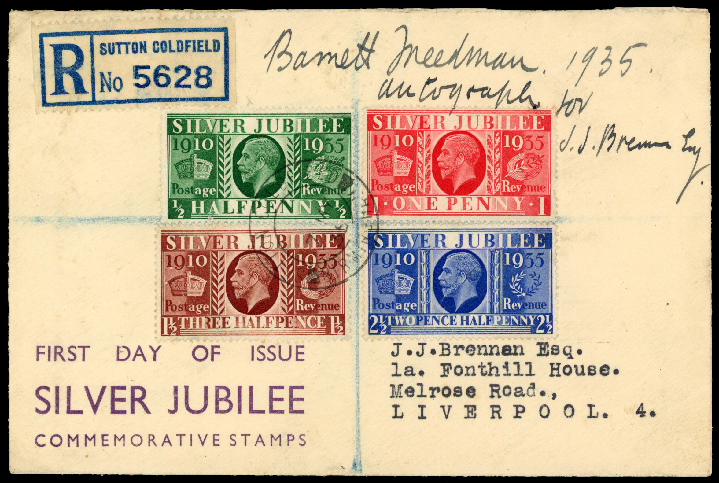 1935 ½-2½d Silver Jubilee. Very fine registered commemorative envelope signed by designer FDC