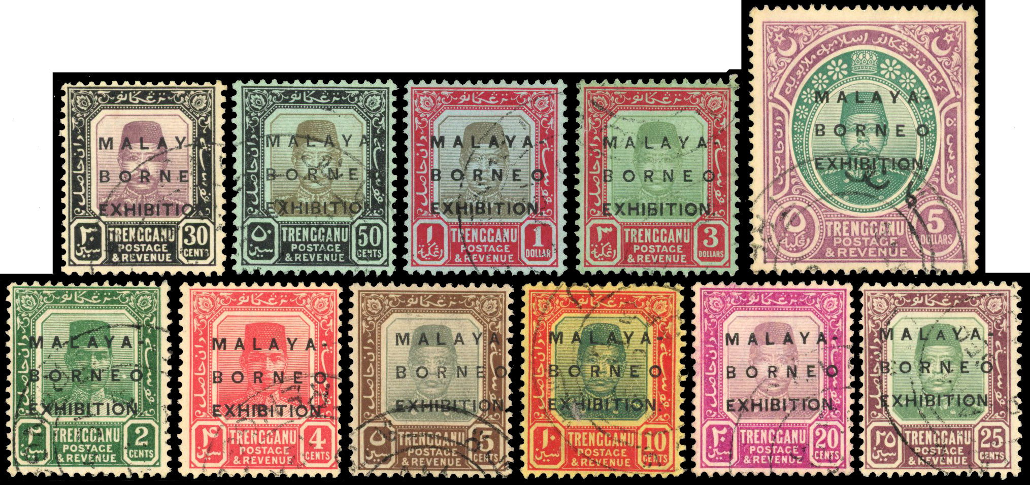 Trengganu 1922 ‘MALAYA-/BORNEO/EXHIBITION’ overprints set of set of eleven to $5, lightly used